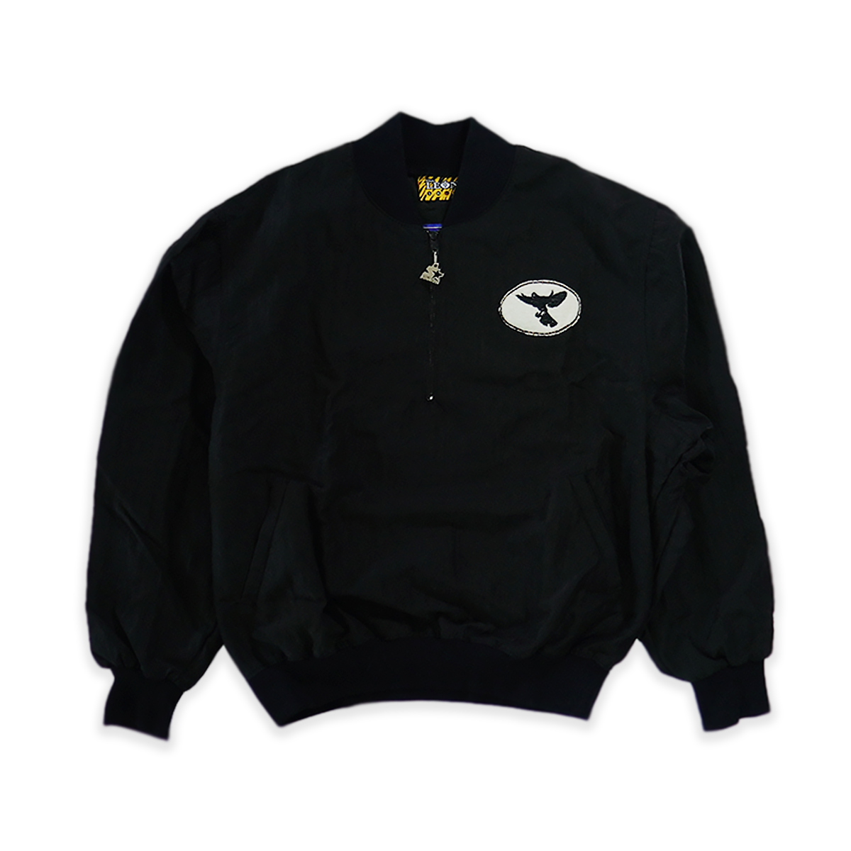 Black jacket with a dove logo on the chest against a white background
